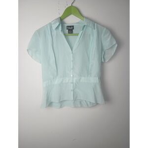 Rafaella Petites Vtg Silk Y2K Sheer Button Up Peplum Blouse Mint Green Size 8